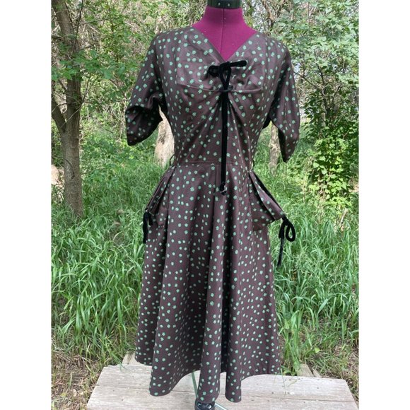 Vintage 1940s Brown Polished Cotton Floral Dress Art Deco - Picture 1 of 16